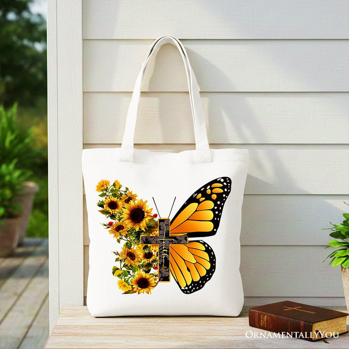 Faith Cross Butterfly Tote Bag, Christian Sunflower Floral Gift Shopper