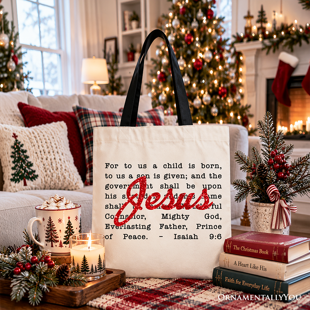 Jesus Christmas Bible Verse Tote Bag, Isaiah 9:6 Gift Shopper for Faithful Believers