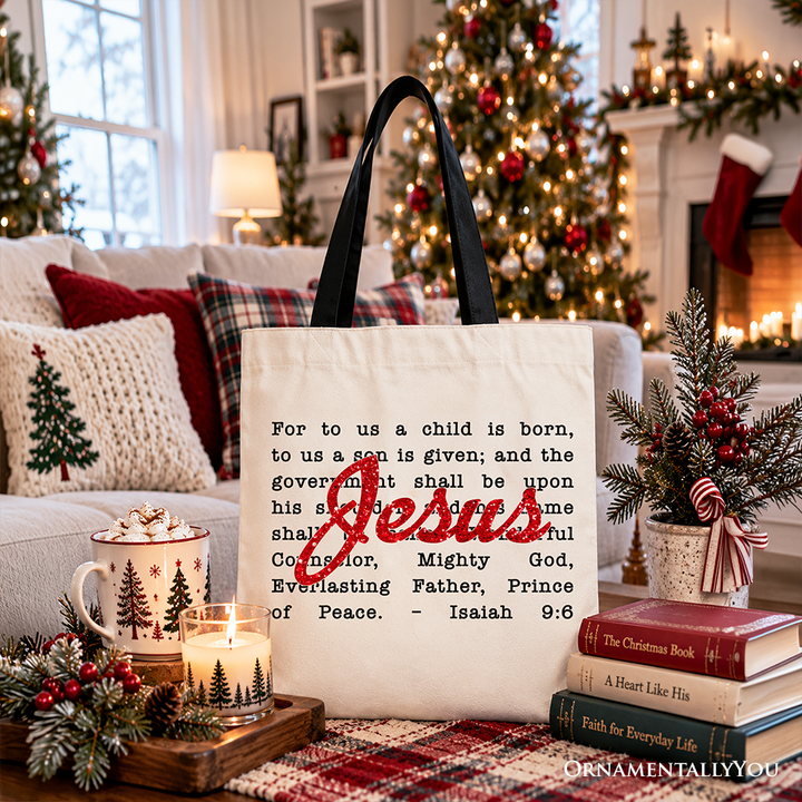 Jesus Christmas Bible Verse Tote Bag, Isaiah 9:6 Gift Shopper for Faithful Believers