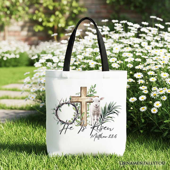 He Is Risen Lamb Cross Christian Easter Tote Bag, Bible Verse Matthew 28:6 Gift Shopper