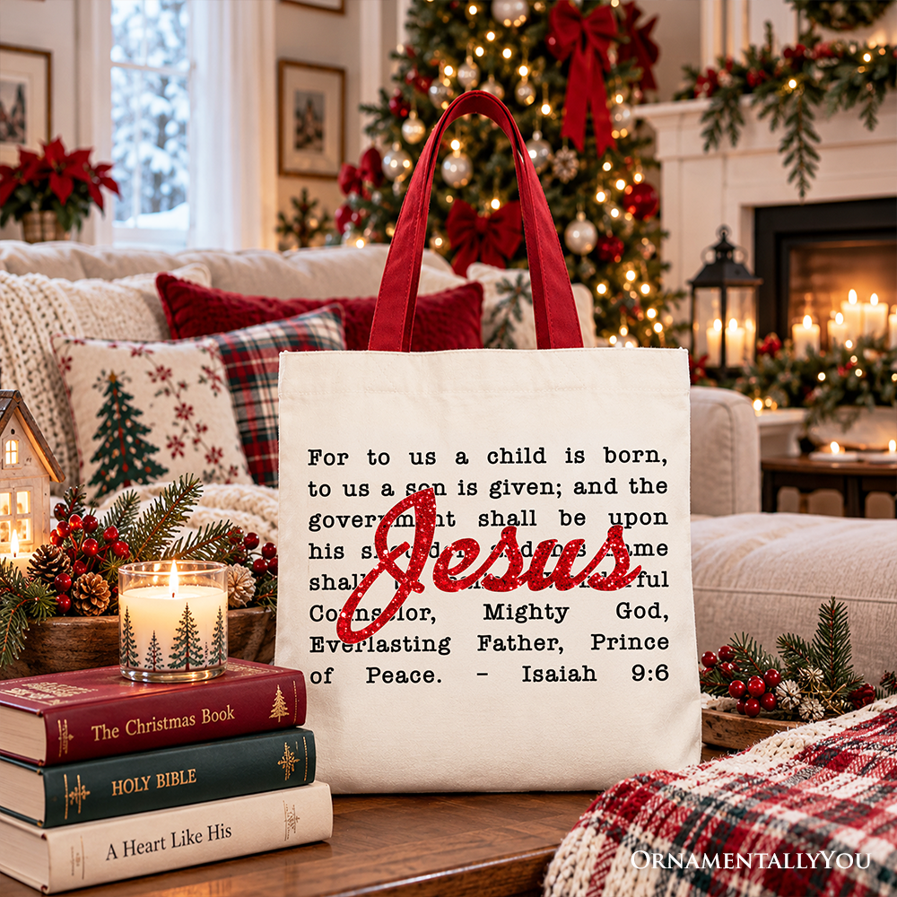 Jesus Christmas Bible Verse Tote Bag, Isaiah 9:6 Gift Shopper for Faithful Believers