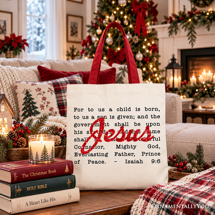 Jesus Christmas Bible Verse Tote Bag, Isaiah 9:6 Gift Shopper for Faithful Believers