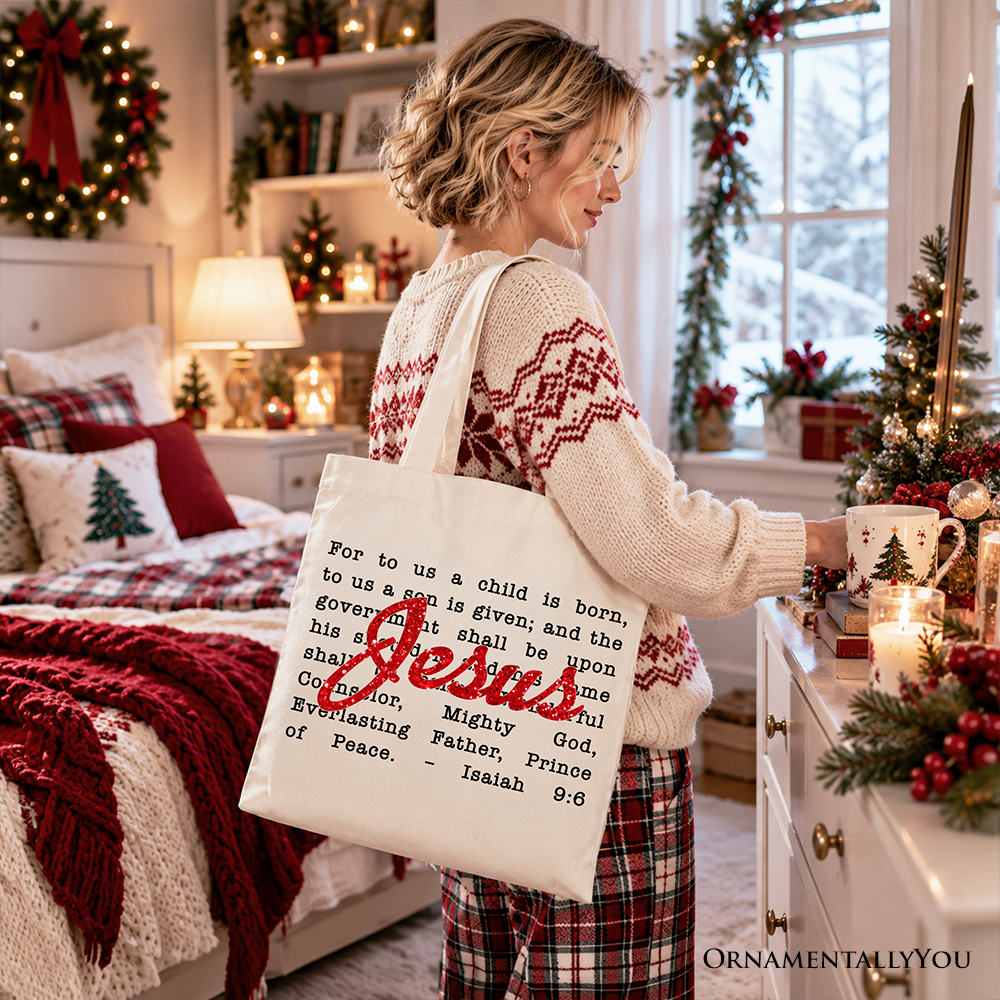 Jesus Christmas Bible Verse Tote Bag, Isaiah 9:6 Gift Shopper for Faithful Believers