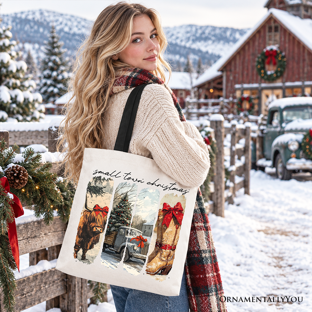 Small Town Christmas Tote Bag, Highland Cow Rustic Western Cowgirl Holiday Gift Shopper
