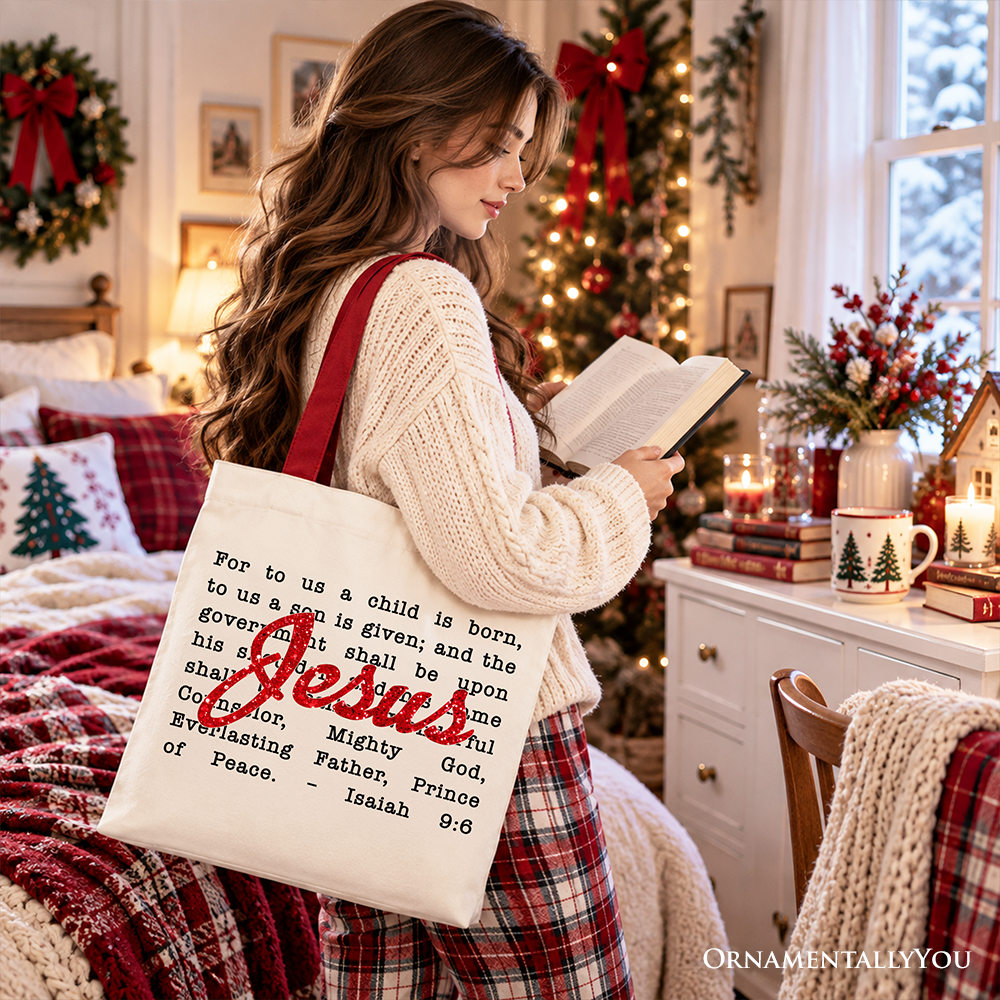Jesus Christmas Bible Verse Tote Bag, Isaiah 9:6 Gift Shopper for Faithful Believers