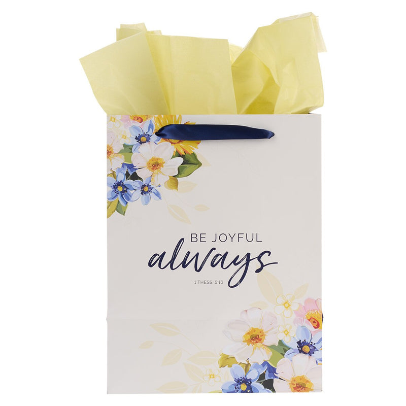 Be Joyful Always Yellow and Navy Blue Floral Portrait Gift Bag with Card Set