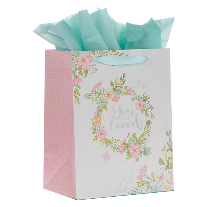 You are Loved Pink Wreath Large Portrait Gift Bag with Card Set