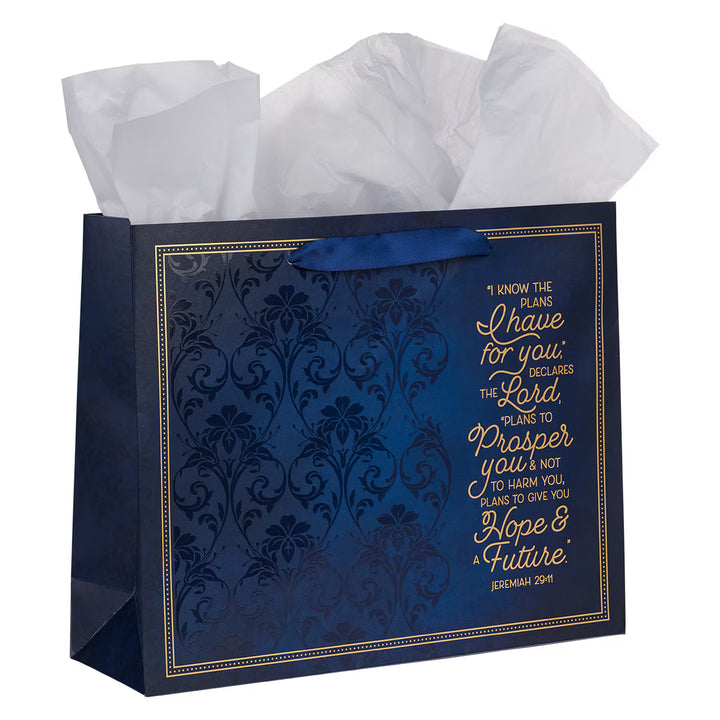 I Know The Plans Blue Floral Trellis Large Landscape Gift Bag with Card - Jeremiah 29:11