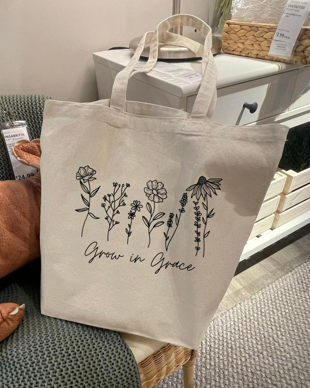 Grow In Grace Christian Canvas Tote Bag, Bible Verse Gift
