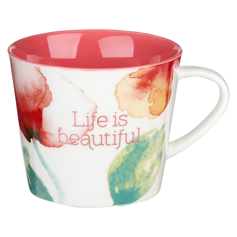 Life Is Beautiful Coral Poppies Ceramic Coffee Mug