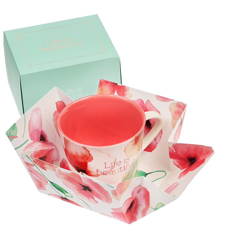 Life Is Beautiful Coral Poppies Ceramic Coffee Mug