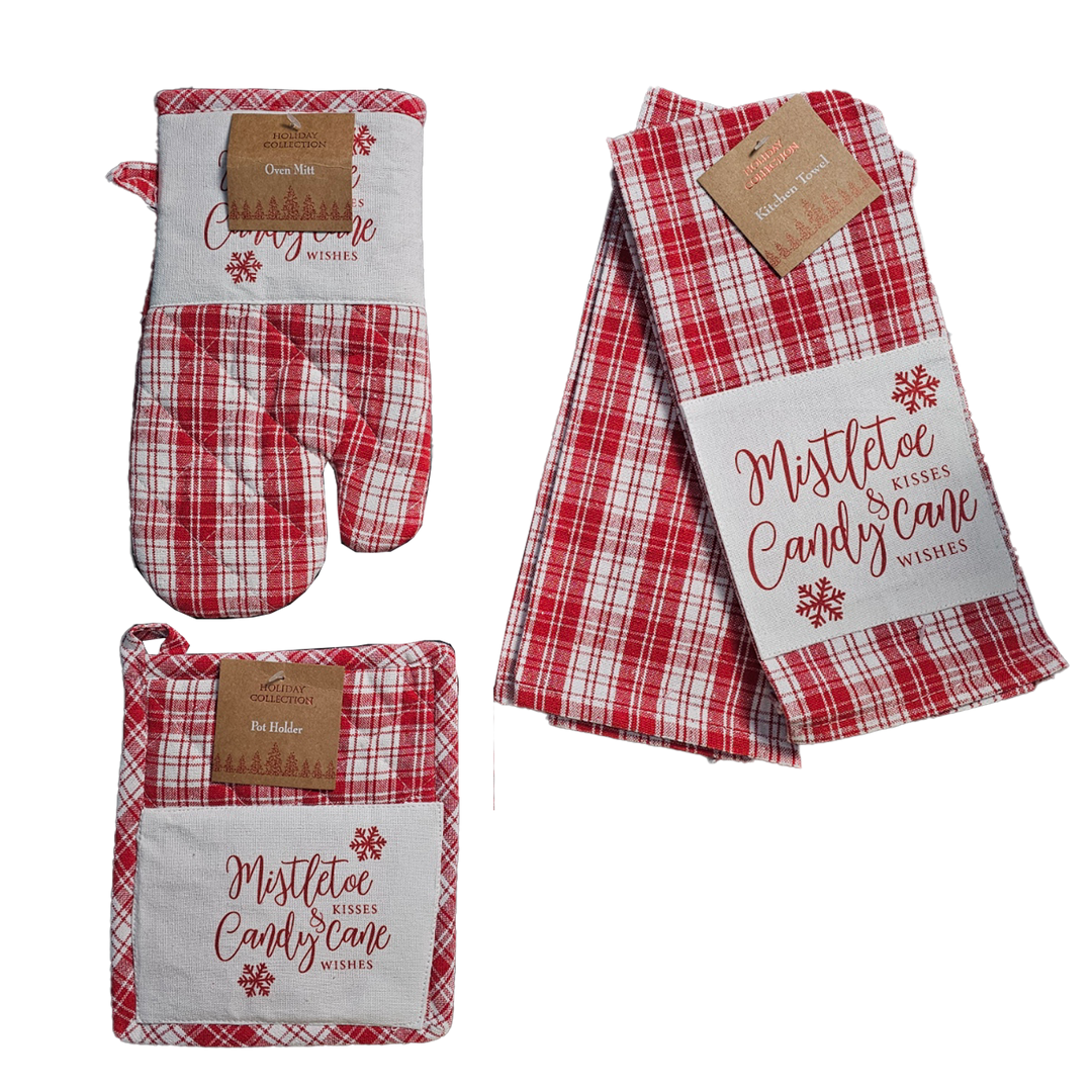 Holiday Collection Christmas Mistle Toe &amp; Candy Cane Towels and Pot Holder Set: Plaid Country Cotton Towels