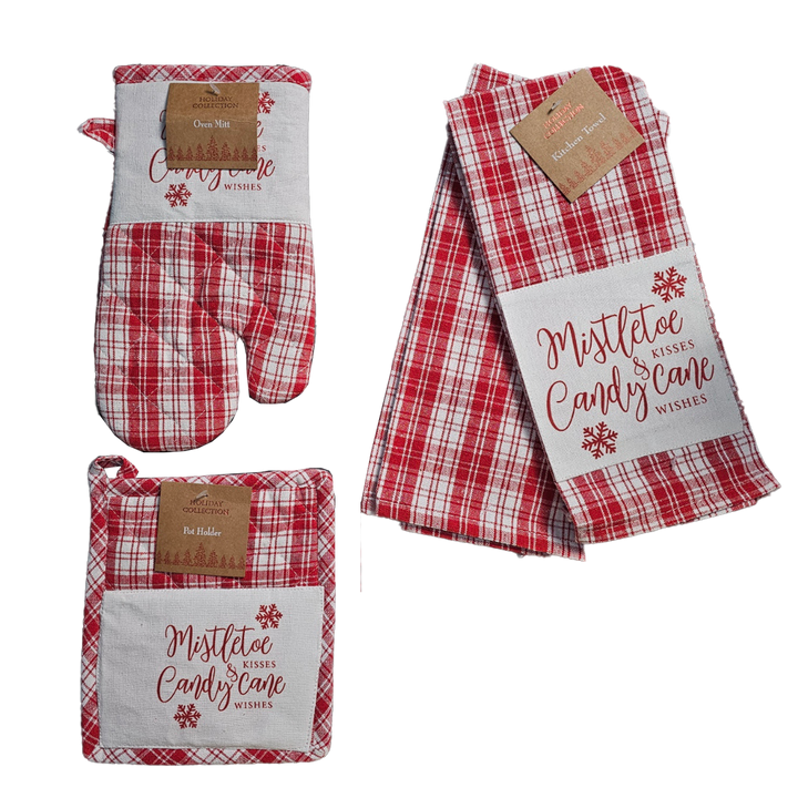 Holiday Collection Christmas Mistle Toe &amp; Candy Cane Towels and Pot Holder Set: Plaid Country Cotton Towels