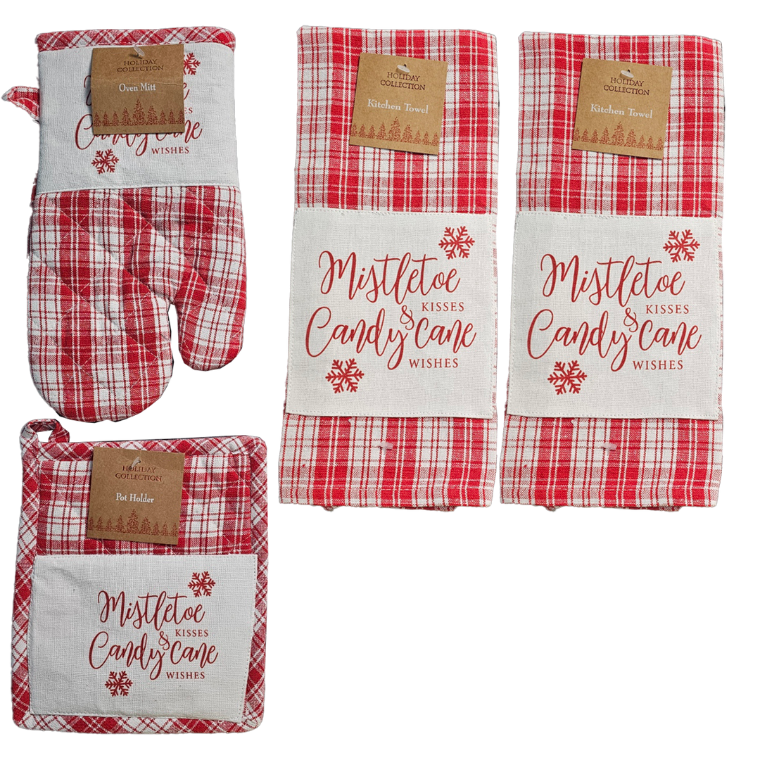 Holiday Collection Christmas Mistle Toe &amp; Candy Cane Towels and Pot Holder Set: Plaid Country Cotton Towels