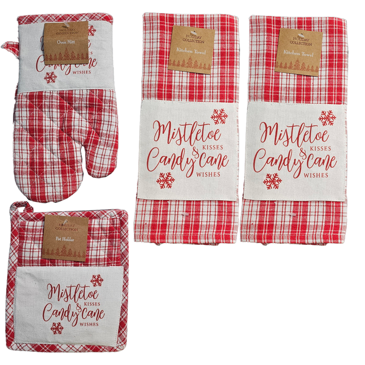 Holiday Collection Christmas Mistle Toe &amp; Candy Cane Towels and Pot Holder Set: Plaid Country Cotton Towels
