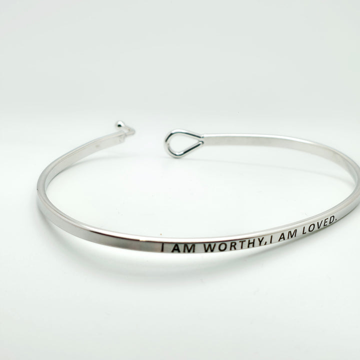 I AM WORTHY, I AM LOVED Inspirational Message Bracelet Positive Message Engraved Thin Bangle - Jewelry