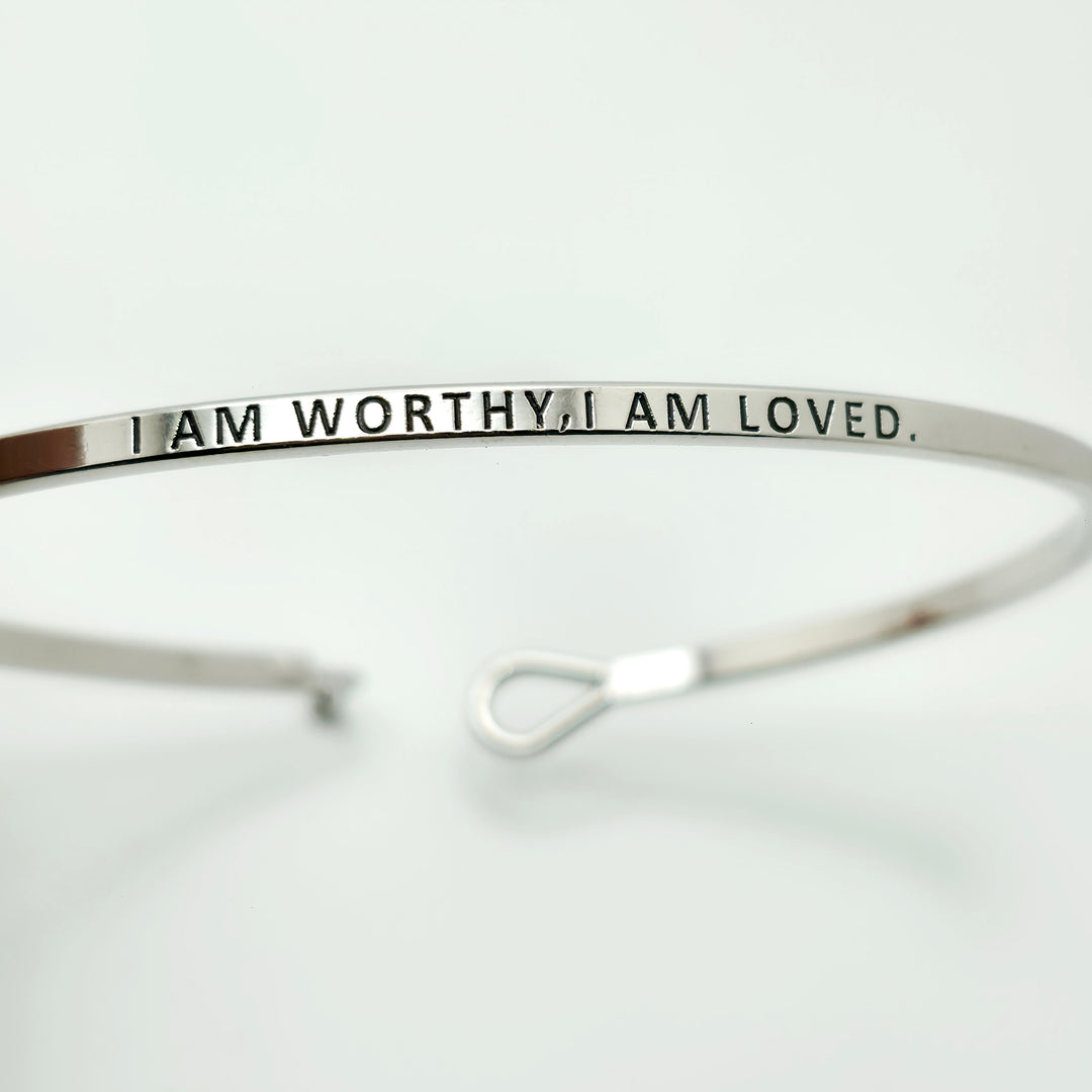 I AM WORTHY, I AM LOVED Inspirational Message Bracelet Positive Message Engraved Thin Bangle - Jewelry