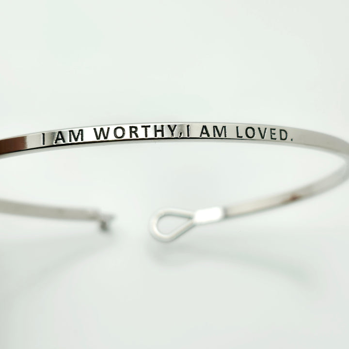 I AM WORTHY, I AM LOVED Inspirational Message Bracelet Positive Message Engraved Thin Bangle - Jewelry