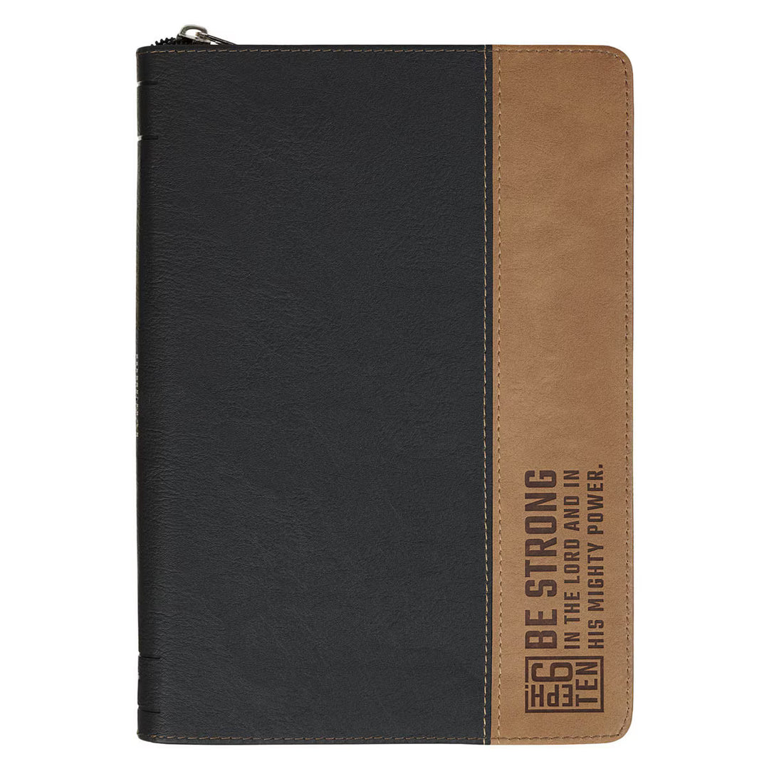 Be Strong Black and Tan Faux Leather Classic Journal with Zipper Closure - Ephesians 6:10