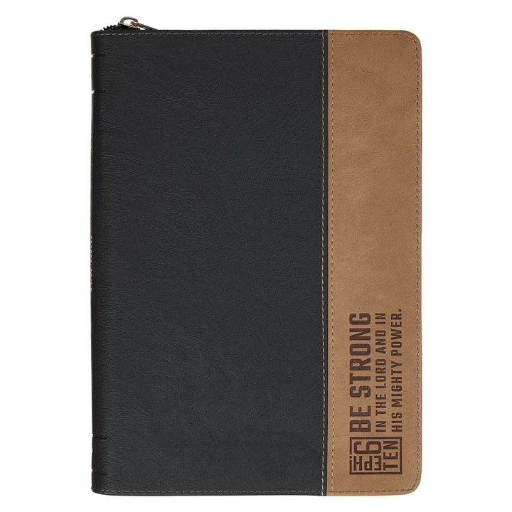 Be Strong Black and Tan Faux Leather Classic Journal with Zipper Closure - Ephesians 6:10