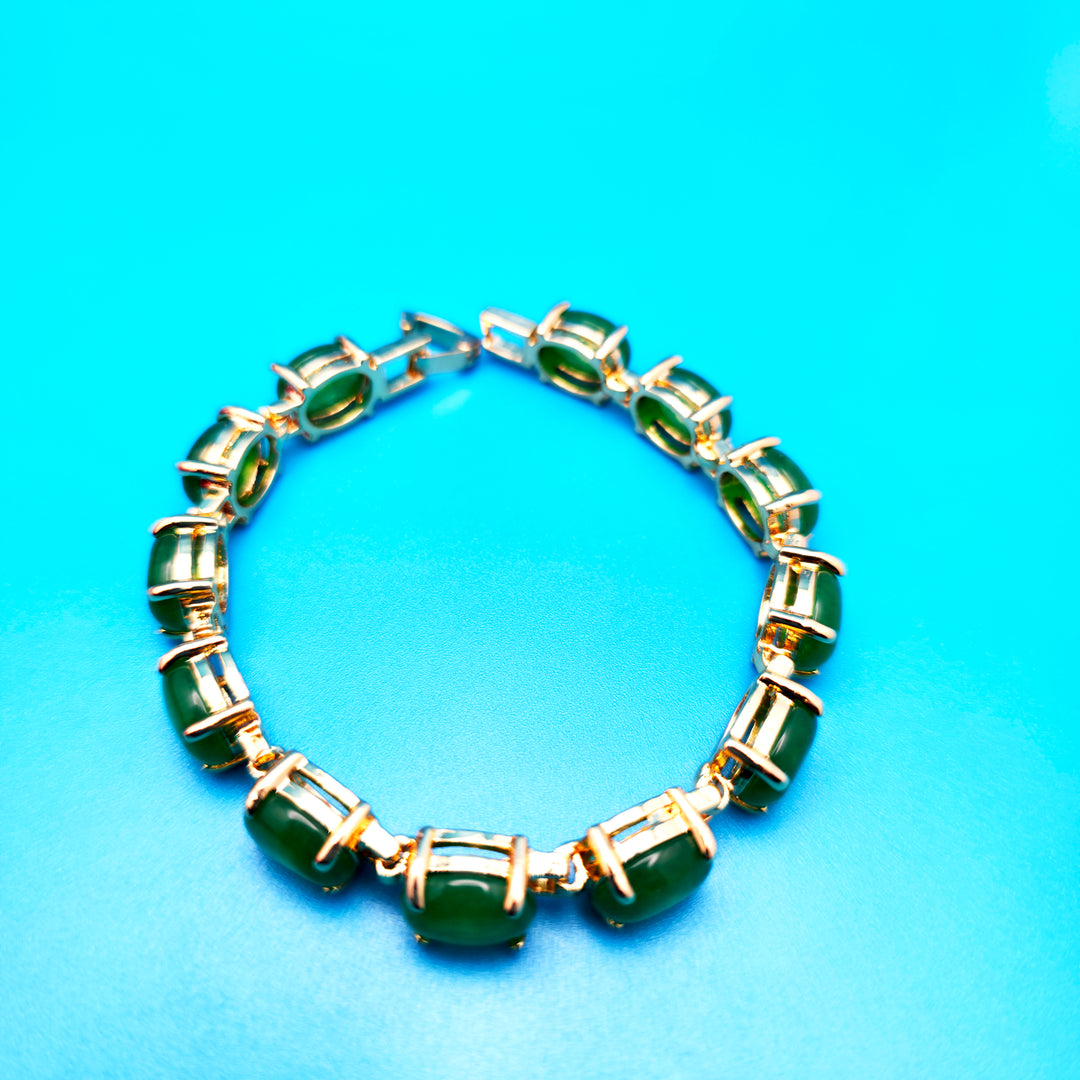 Vintage Green Oval Jade Bracelet Golden Bronze - Jewelry
