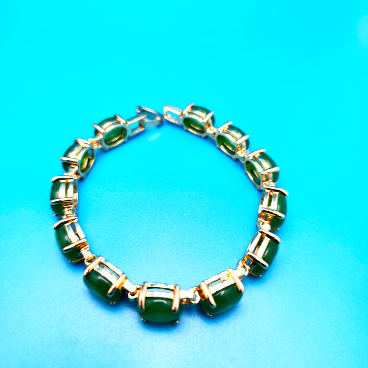 Vintage Green Oval Jade Bracelet Golden Bronze - Jewelry