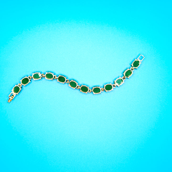 Vintage Green Oval Jade Bracelet Golden Bronze - Jewelry