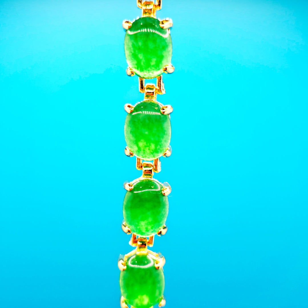 Vintage Green Oval Jade Bracelet Golden Bronze - Jewelry