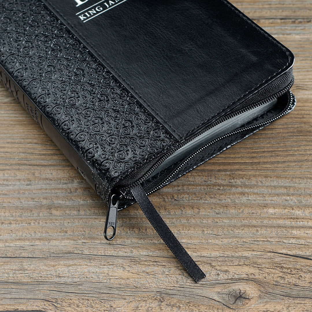 Black Faux Leather Compact King James Version Bible with Zippered Closure