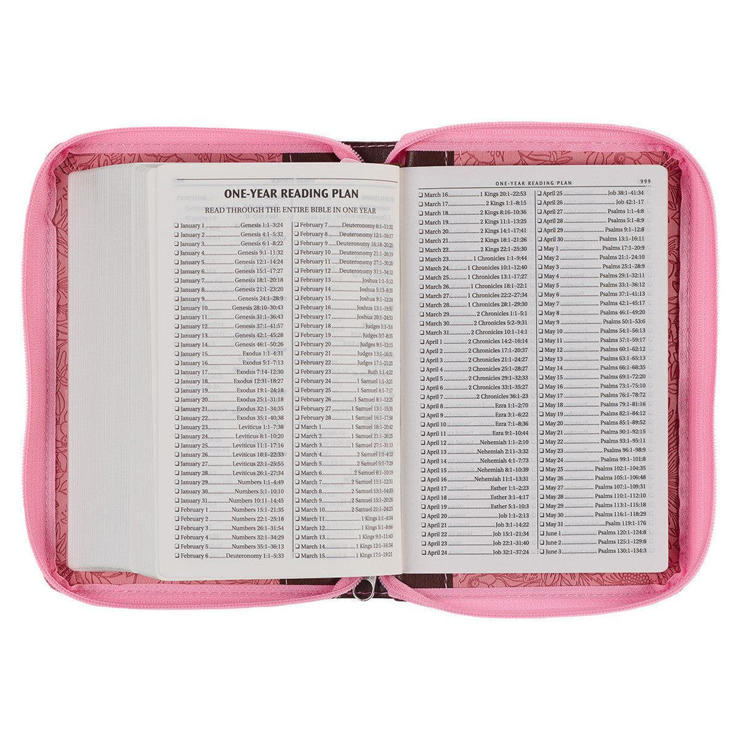 Pink and Saddle Tan Faux Leather Mini Pocket King James Version Bible with Zippered Closure