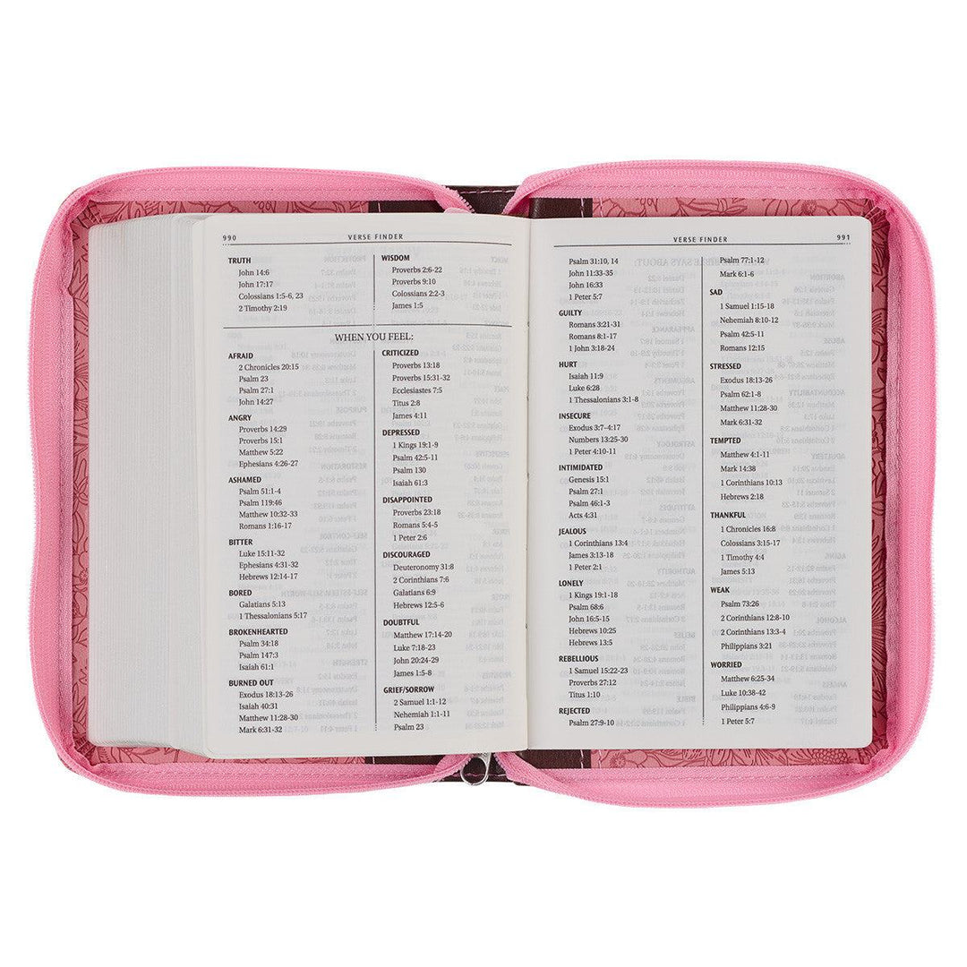 Pink and Saddle Tan Faux Leather Mini Pocket King James Version Bible with Zippered Closure
