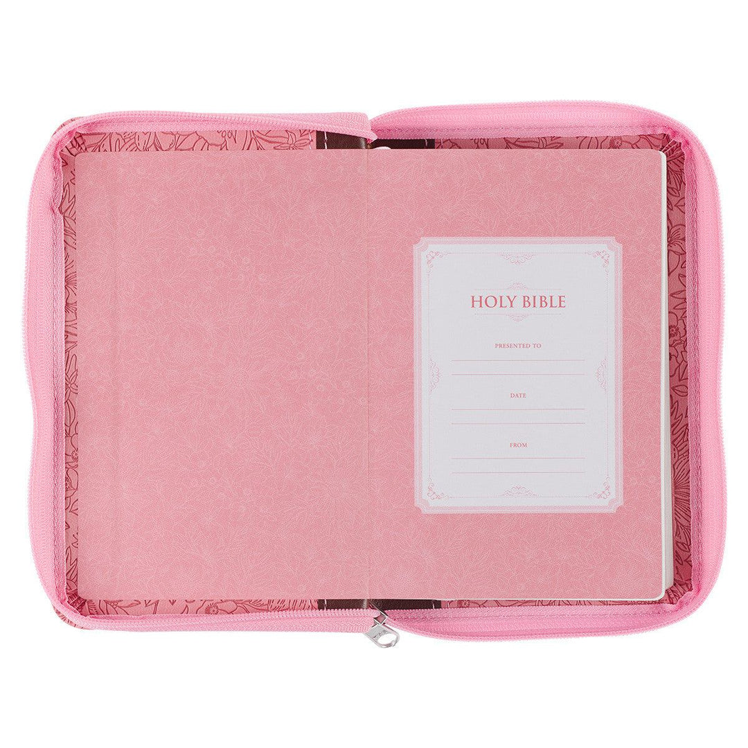 Pink and Saddle Tan Faux Leather Mini Pocket King James Version Bible with Zippered Closure