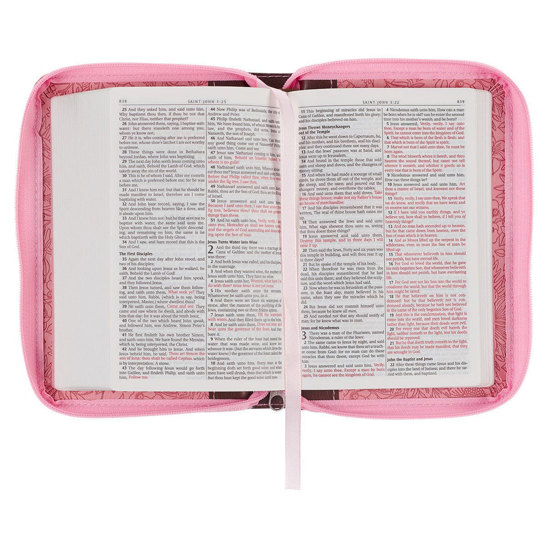 Pink and Saddle Tan Faux Leather Mini Pocket King James Version Bible with Zippered Closure