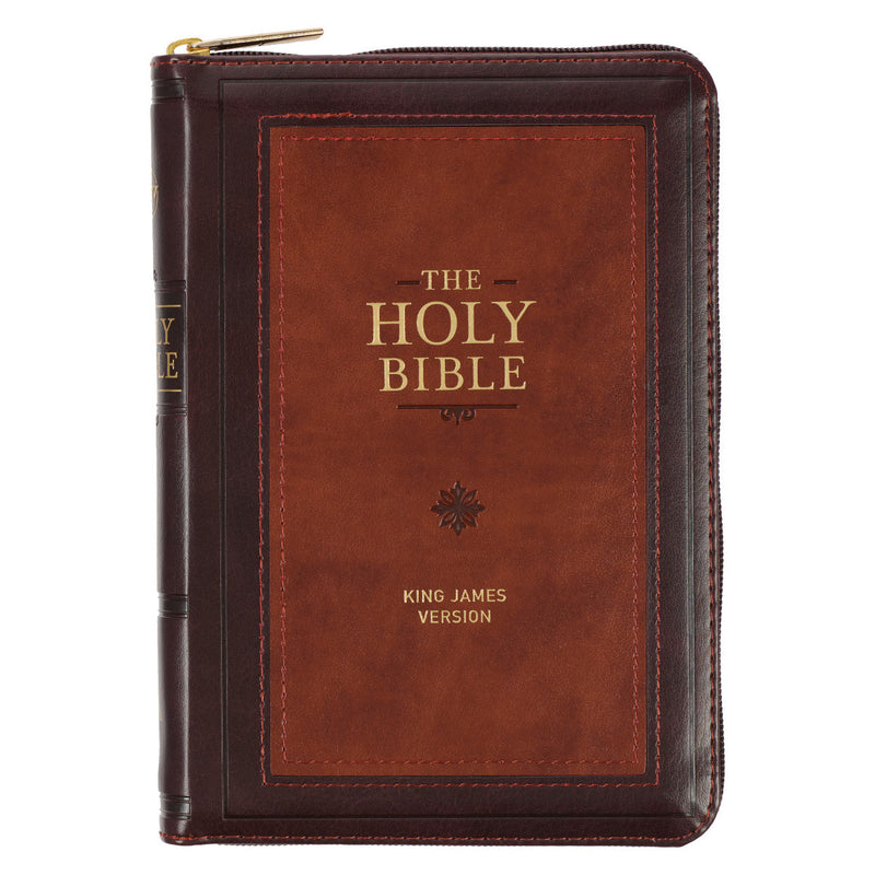 Burgundy and Saddle Tan Framed Faux Leather Compact King James Version Bible with Zippered Closure