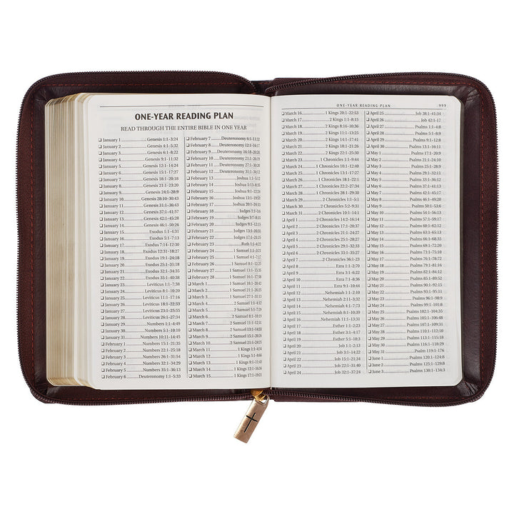 Burgundy and Saddle Tan Framed Faux Leather Compact King James Version Bible with Zippered Closure