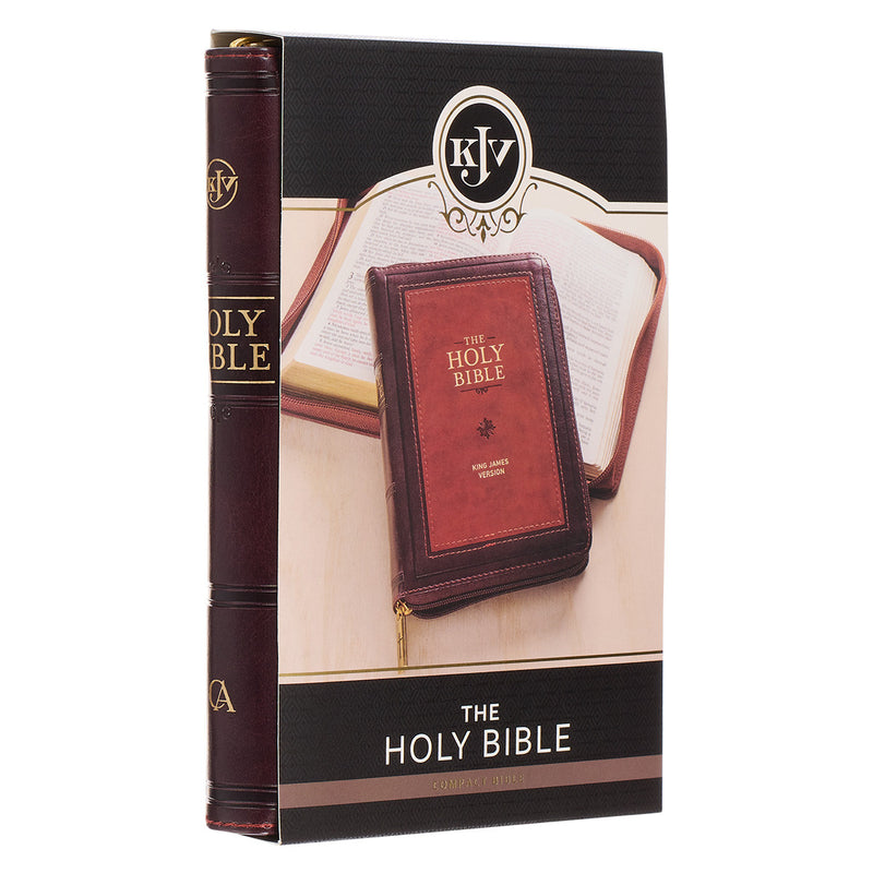 Burgundy and Saddle Tan Framed Faux Leather Compact King James Version Bible with Zippered Closure