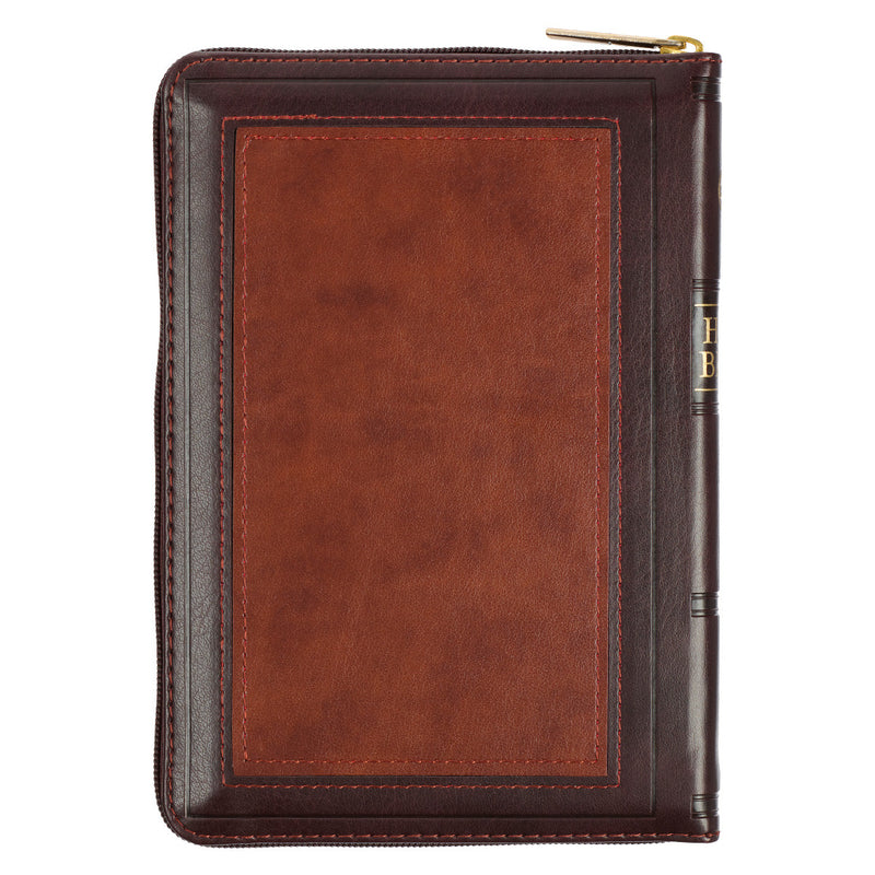 Burgundy and Saddle Tan Framed Faux Leather Compact King James Version Bible with Zippered Closure