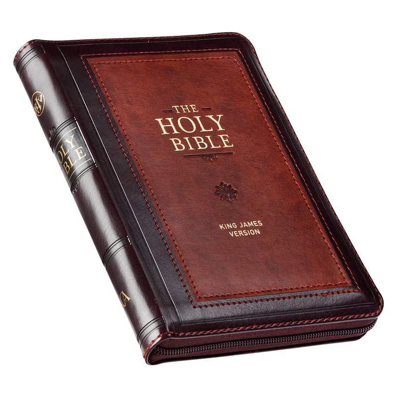 Burgundy and Saddle Tan Framed Faux Leather Compact King James Version Bible with Zippered Closure