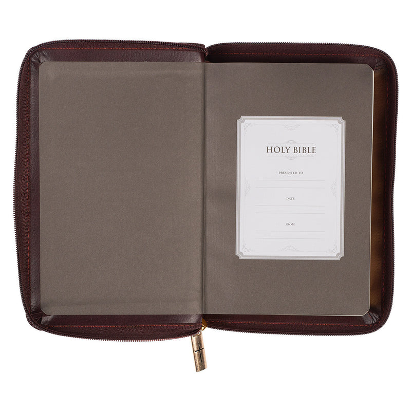 Burgundy and Saddle Tan Framed Faux Leather Compact King James Version Bible with Zippered Closure