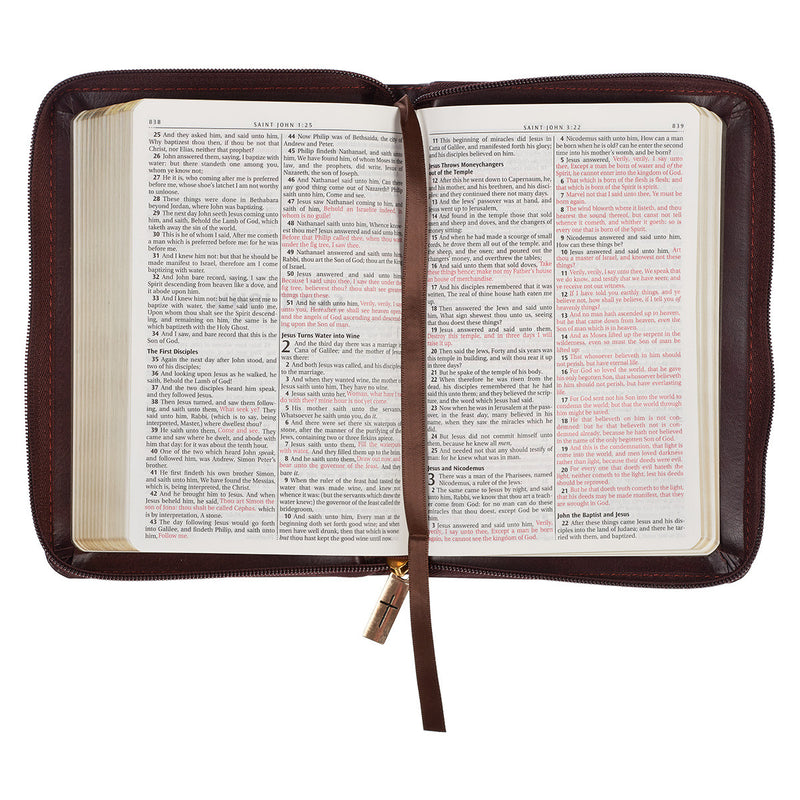 Burgundy and Saddle Tan Framed Faux Leather Compact King James Version Bible with Zippered Closure