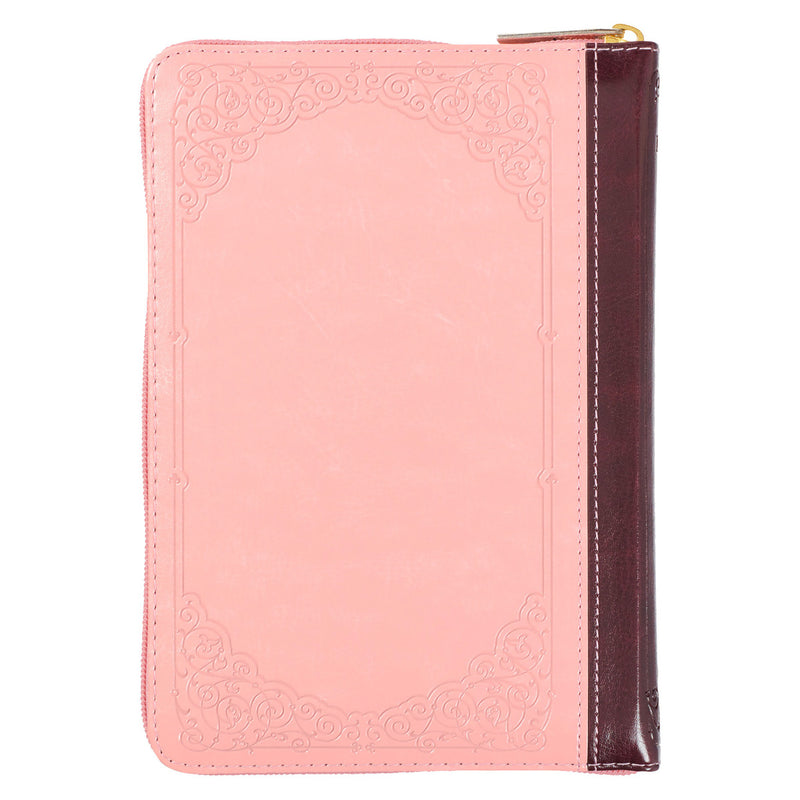 Burgundy and Pink Floral Faux Leather Compact KJV Bible with Zippered Closure