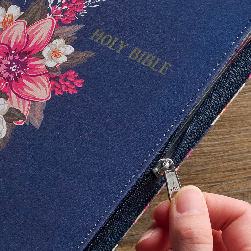 Floral Blue Faux Leather King James Version Deluxe Gift Bible with Thumb Index and Zippered Closure