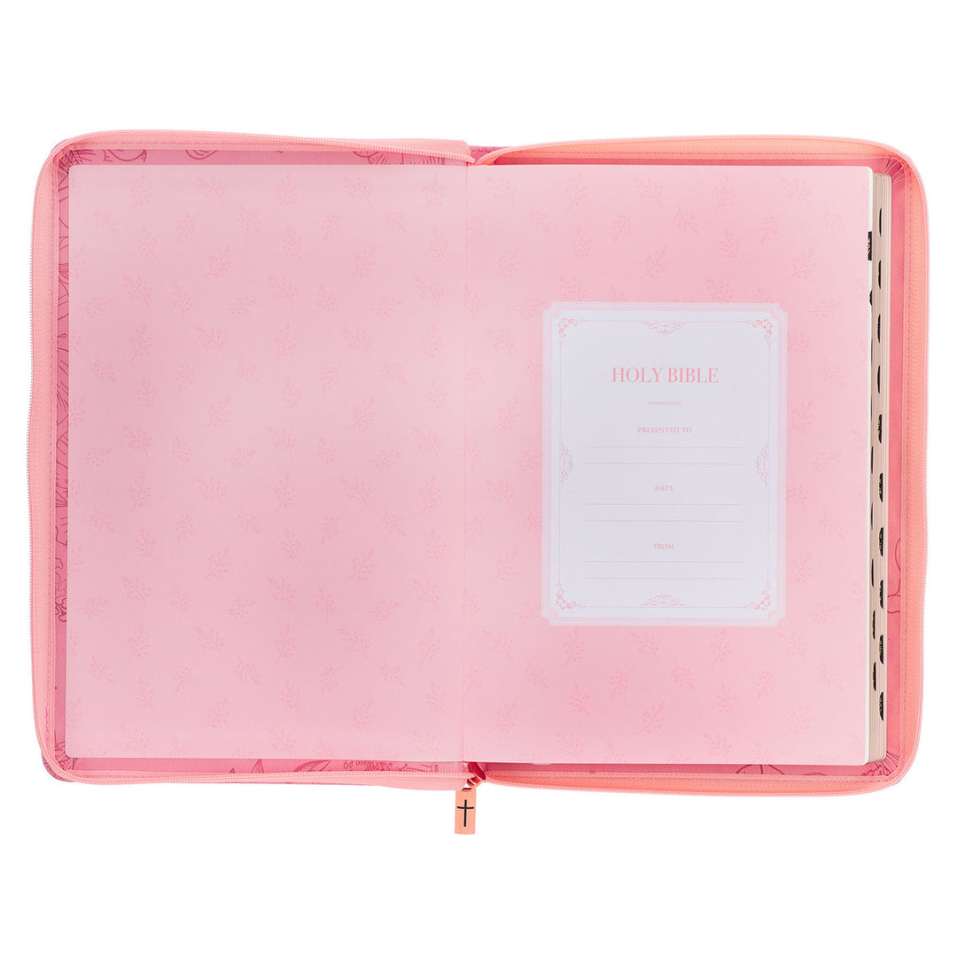 Sunrise Pink Faux Leather Large Print Thinline King James Version Bible with Zippered Closure and Thumb Indexj