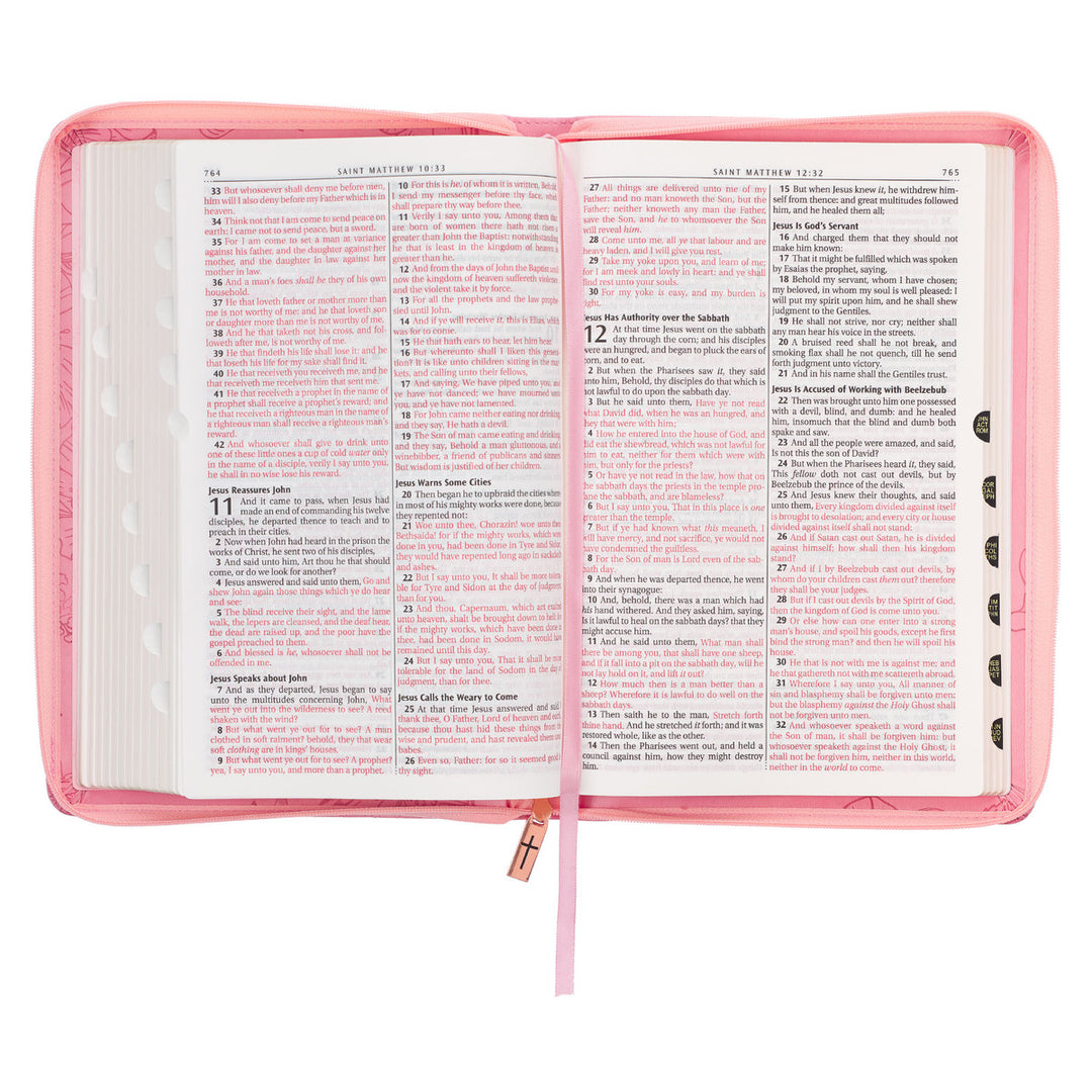Sunrise Pink Faux Leather Large Print Thinline King James Version Bible with Zippered Closure and Thumb Indexj