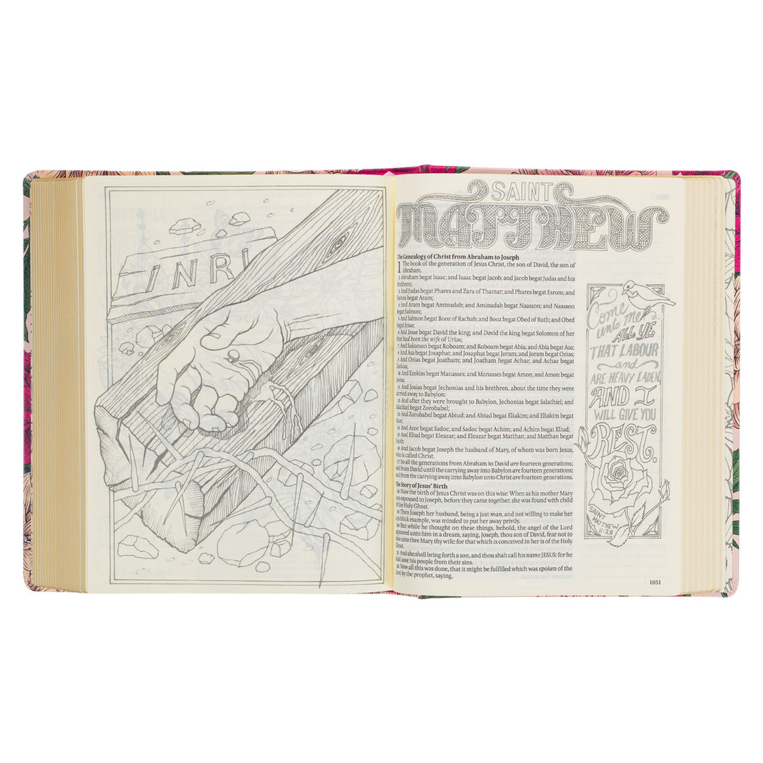 Rose-pink Floral Faux Leather Hardcover KJV My Creative Bible with Elastic Closure