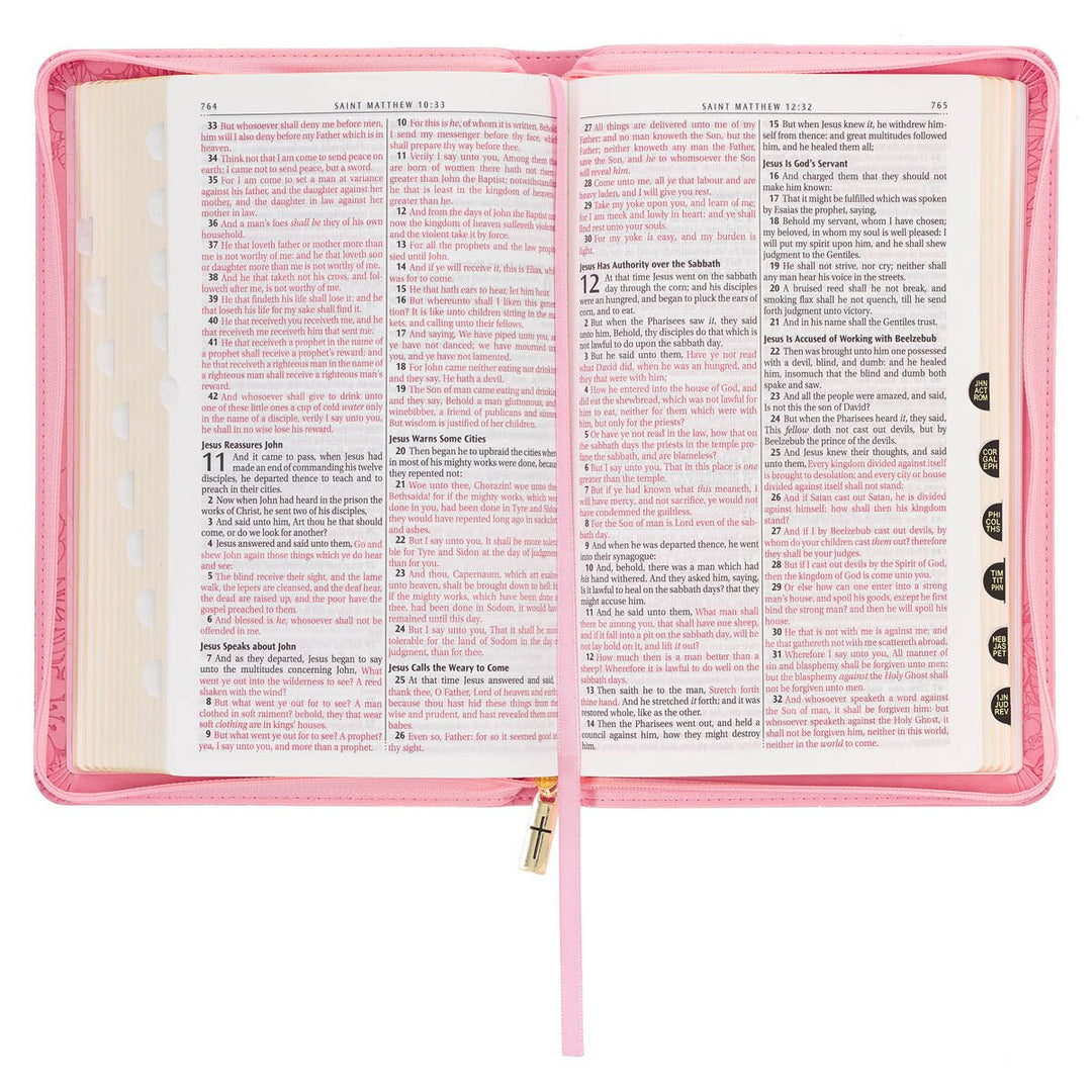 Blossom Pink Faux Leather King James Version Deluxe Gift Bible with Thumb Index and Zippered Closure