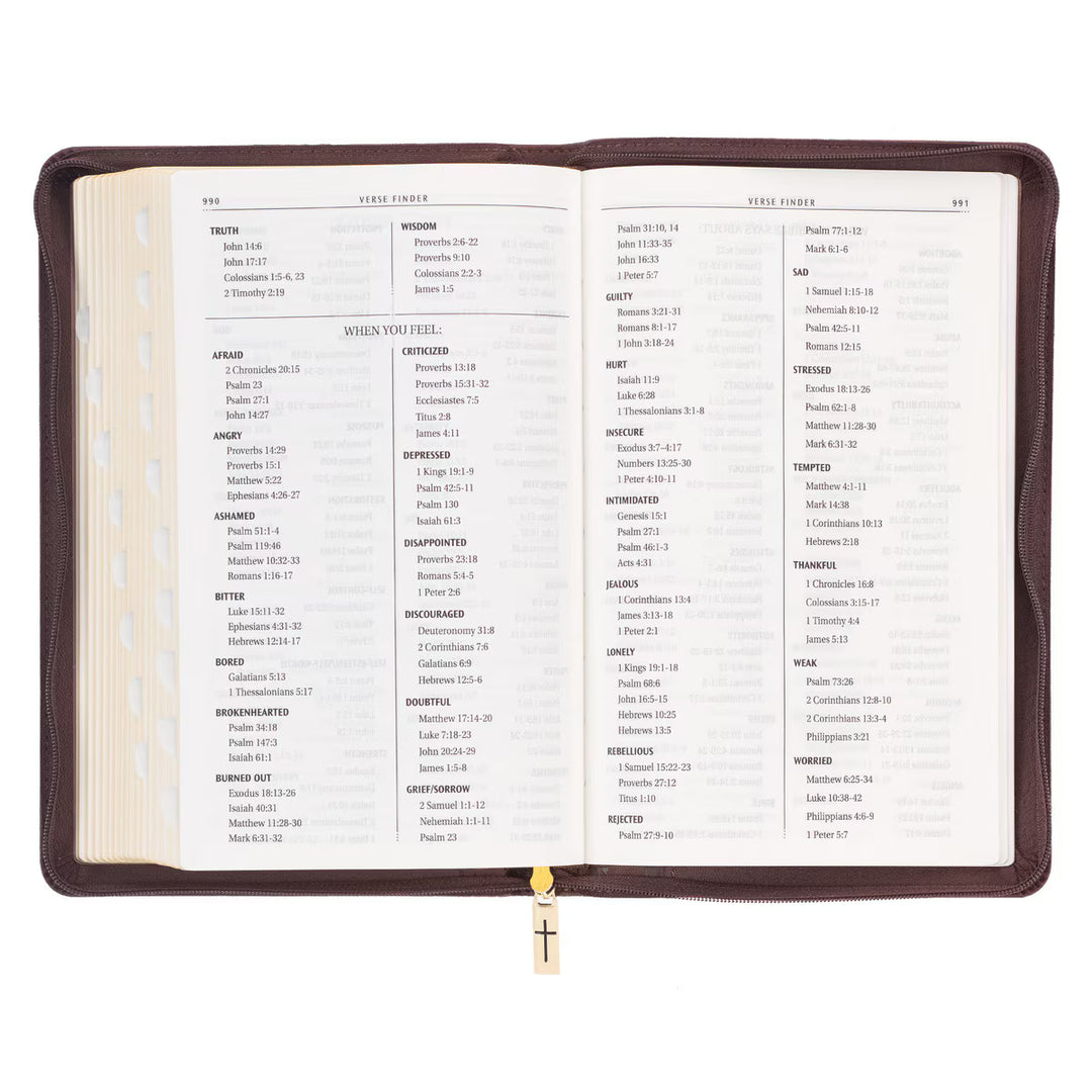 Walnut Brown Faux Leather King James Version Deluxe Gift Bible with Thumb Index and Zippered Closure