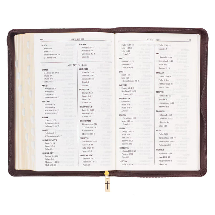 Walnut Brown Faux Leather King James Version Deluxe Gift Bible with Thumb Index and Zippered Closure