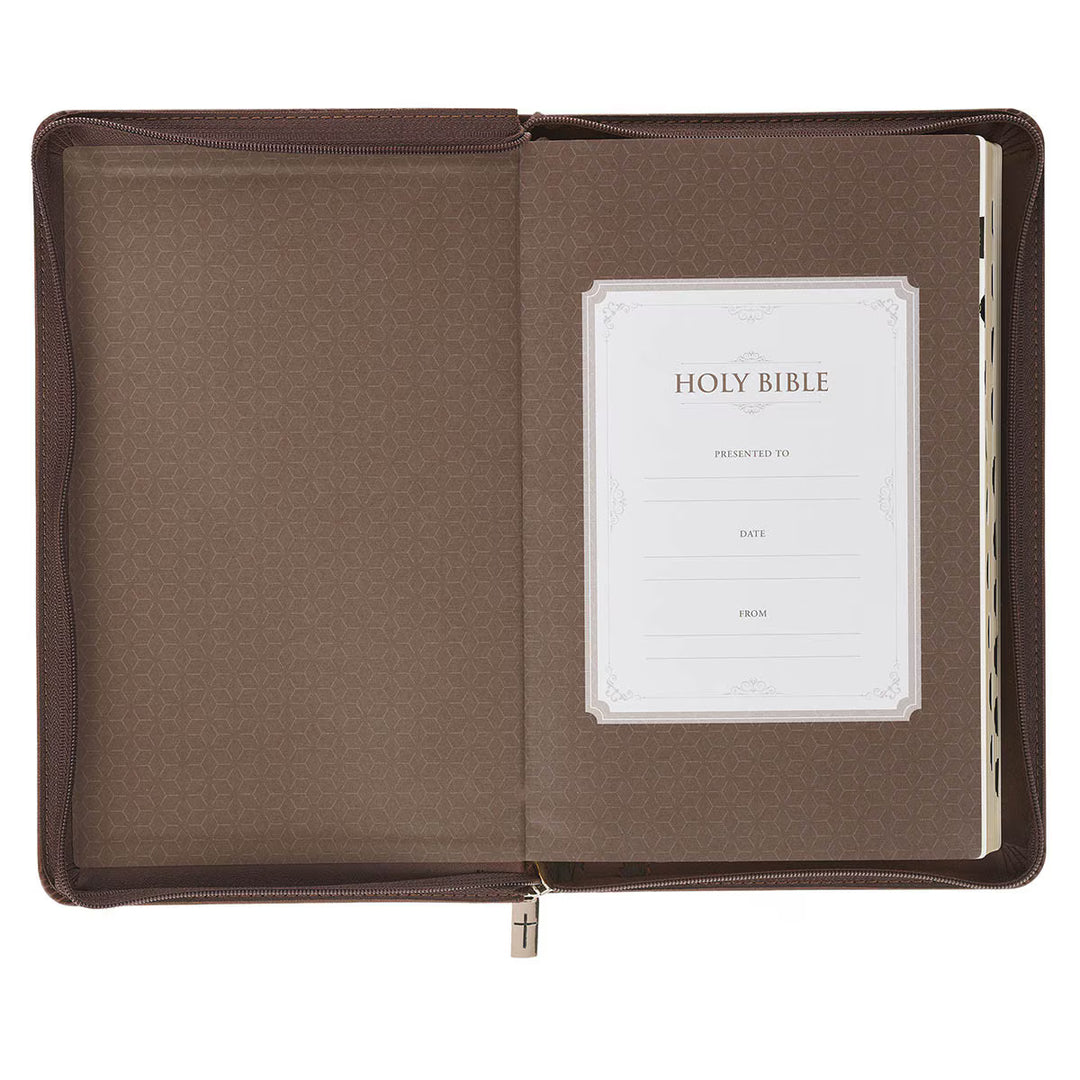 Walnut Brown Faux Leather King James Version Deluxe Gift Bible with Thumb Index and Zippered Closure