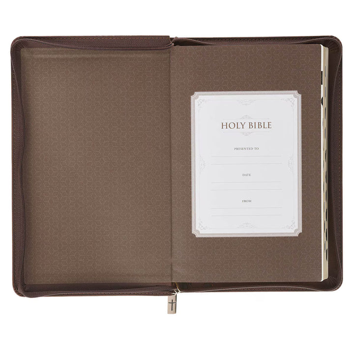 Walnut Brown Faux Leather King James Version Deluxe Gift Bible with Thumb Index and Zippered Closure